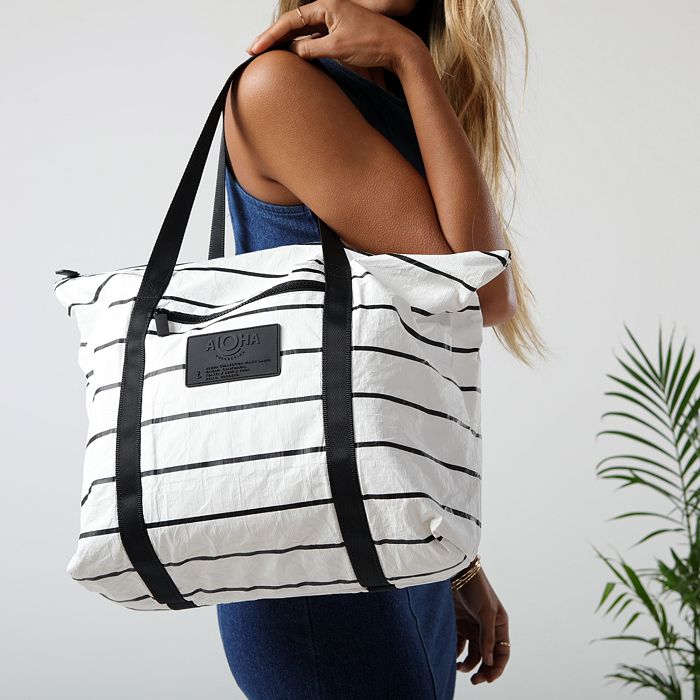 Shop Aloha Collection Pinstripe Day Tripper Tote Bag In Black On White