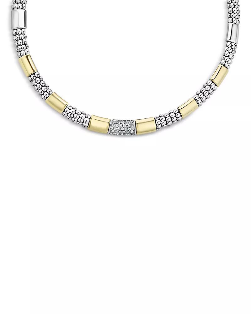 Lagos Sterling Silver & 18K Gold High Bar Diamond Necklace, 16
