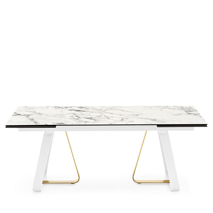 Calligaris Sunshine Extendable Dining Table In Matte White/painted Brass/white Marble Ceramic Top