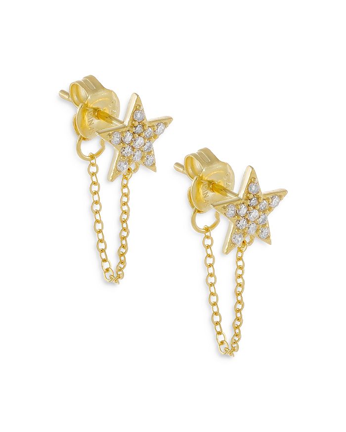 Adinas Jewels Pave Star & Chain Front To Back Earrings In Gold Tone Sterling Silver
