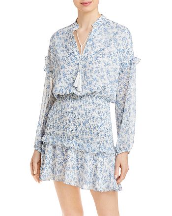 aqua dot long sleeve smocked mini dress