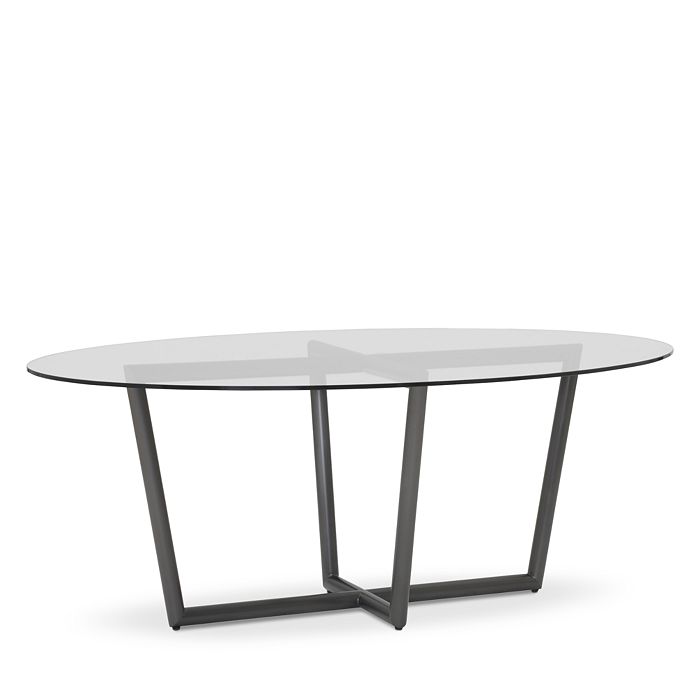 Mitchell Gold Bob Williams Modern Oval Tempered Glass Dining Table, 76 X 48 In Pewter Base/tempered Glass Top