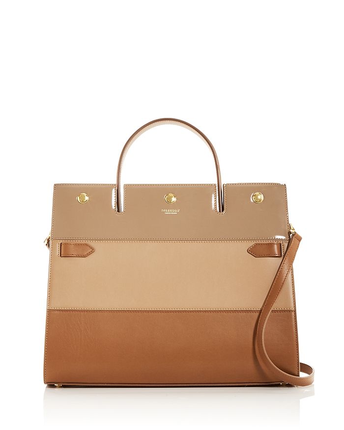 Burberry Medium Color Block Leather Title Bag In Soft Fawn