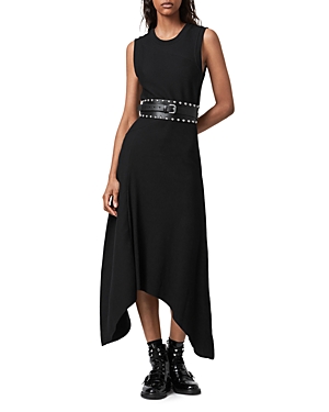 Allsaints Gia Ribbed Asymmetric Midi Dress In Black