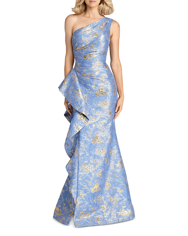 Teri Jon By Rickie Freeman Metallic Jacquard One-Shoulder Gown