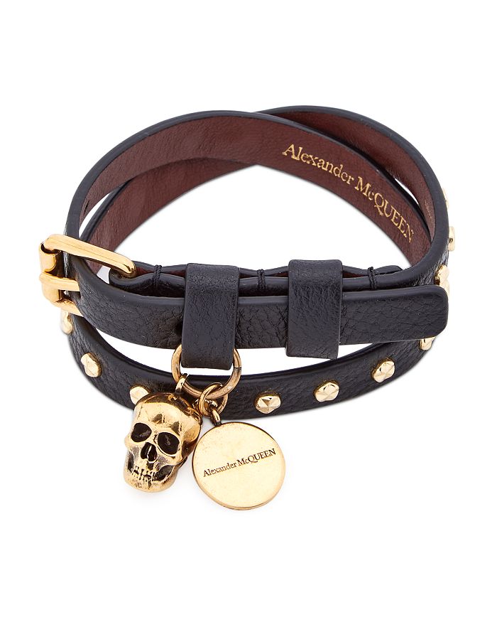 Alexander McQueen Leather Studded Skull Wrap Bracelet - Brass Wrap