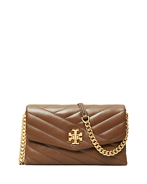 Tory Burch Kira Chevron Leather Chain Wallet In Fudge/rolled Brass