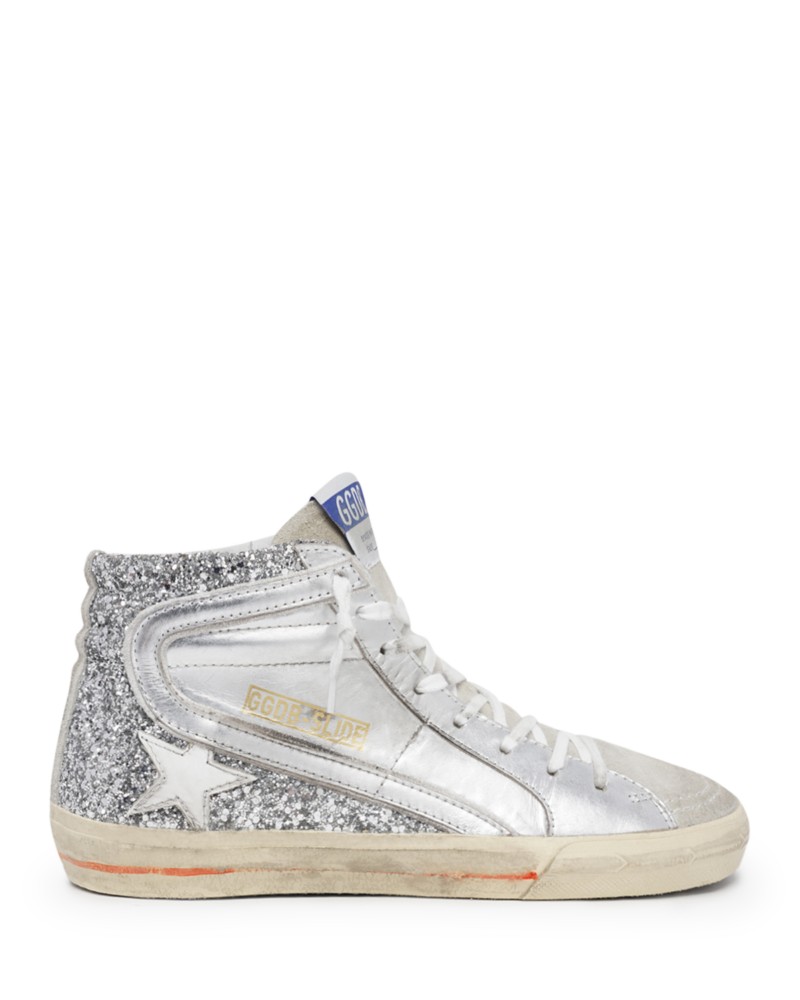 Golden Goose Deluxe Brand Women's Slide Glitter High Top Sneakers in Silver Ice White