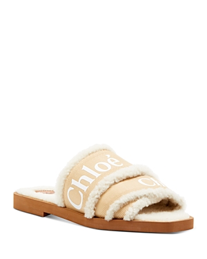 Chloé Woody Shearling-trimmed Logo-print Canvas Slides In Soft Tan