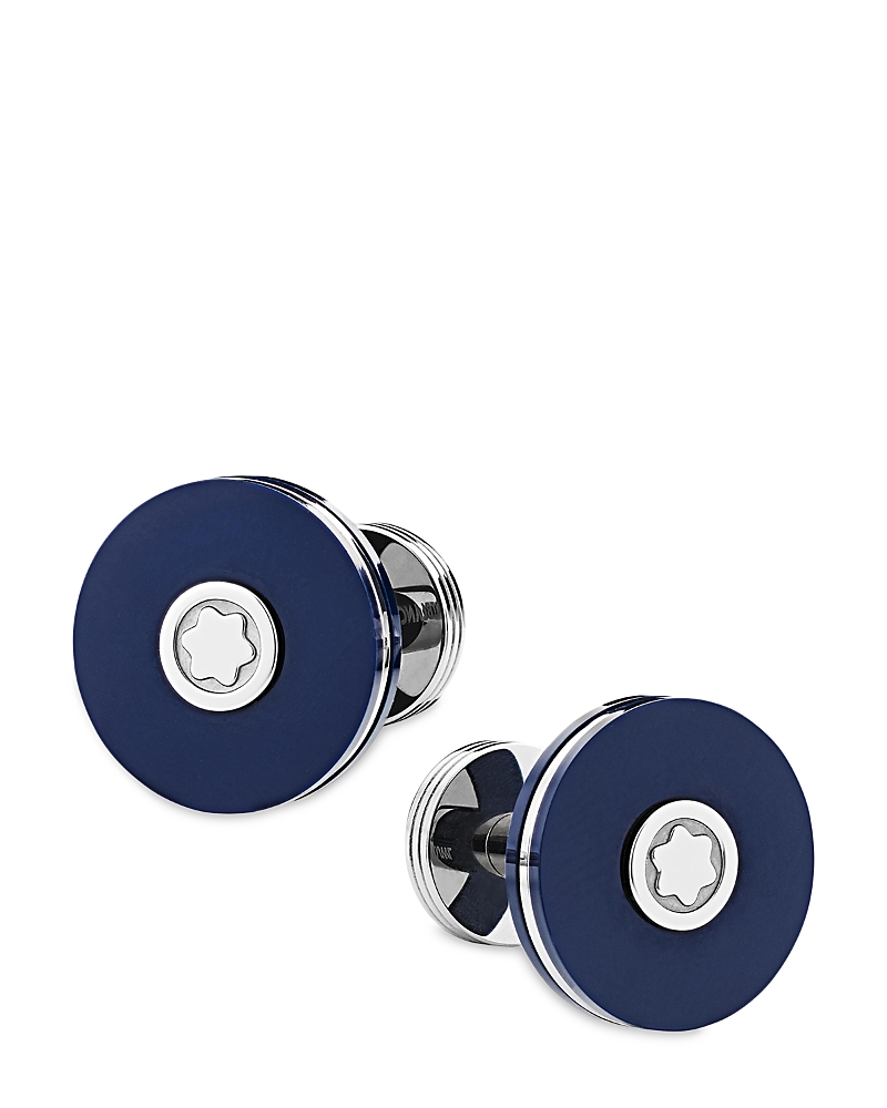 Montblanc Cufflinks, Round In Stainless Steel With Blue Resin