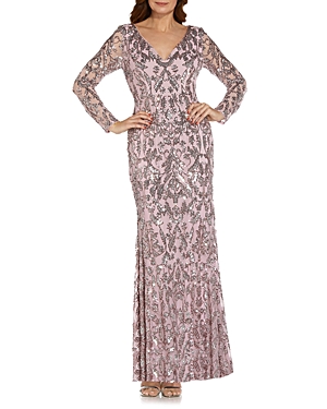 ADRIANNA PAPELL STRETCH SEQUIN V NECK LONG SLEEVE GOWN,AP1E209103