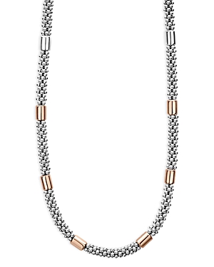 LAGOS 18K ROSE GOLD & STERLING SILVER HIGH BAR CAVIAR BEADED & POLISHED LINK STATEMENT NECKLACE,04-81162-18