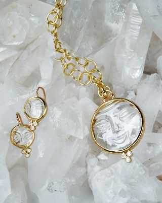 Temple St. Clair 18K Yellow Gold Moonface Earrings with Rock Crystal and Diamond Granulation