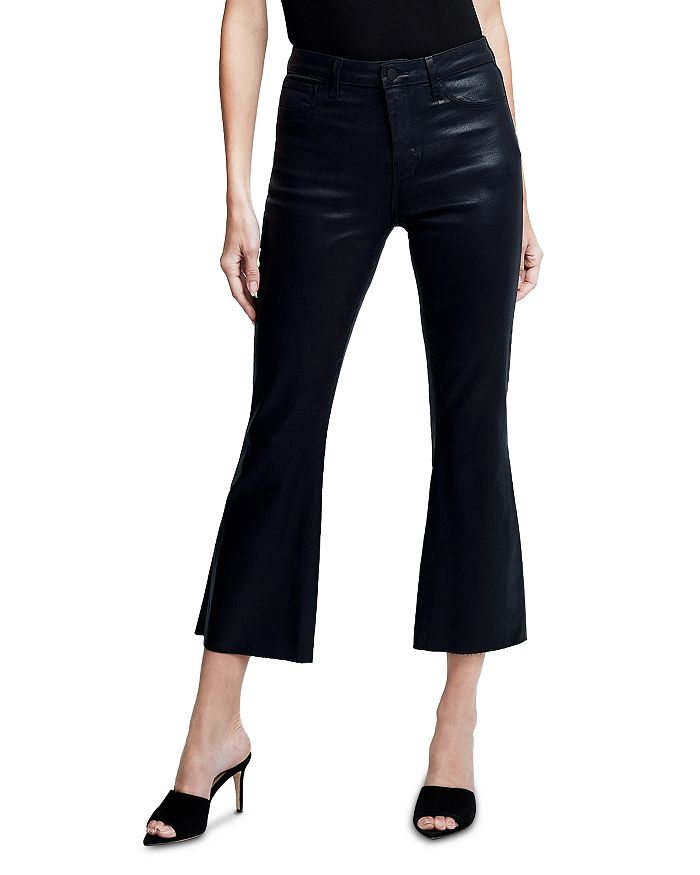 L'AGENCE Kendra High Rise Cropped Flared Jeans in Noir Coated ...
