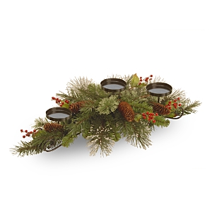 National Tree Company 30 Wintry Pine Centerpiece With Cones, Red Berries, Snowflakes And 3 Candleholders In Green