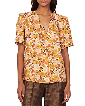Sandro Womens Naturels Flower Printed Silk Top 8 In Ecru