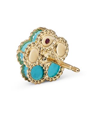 18K Yellow Gold Daisy Diamond &amp; Turquoise Stud Earrings - Exclusive