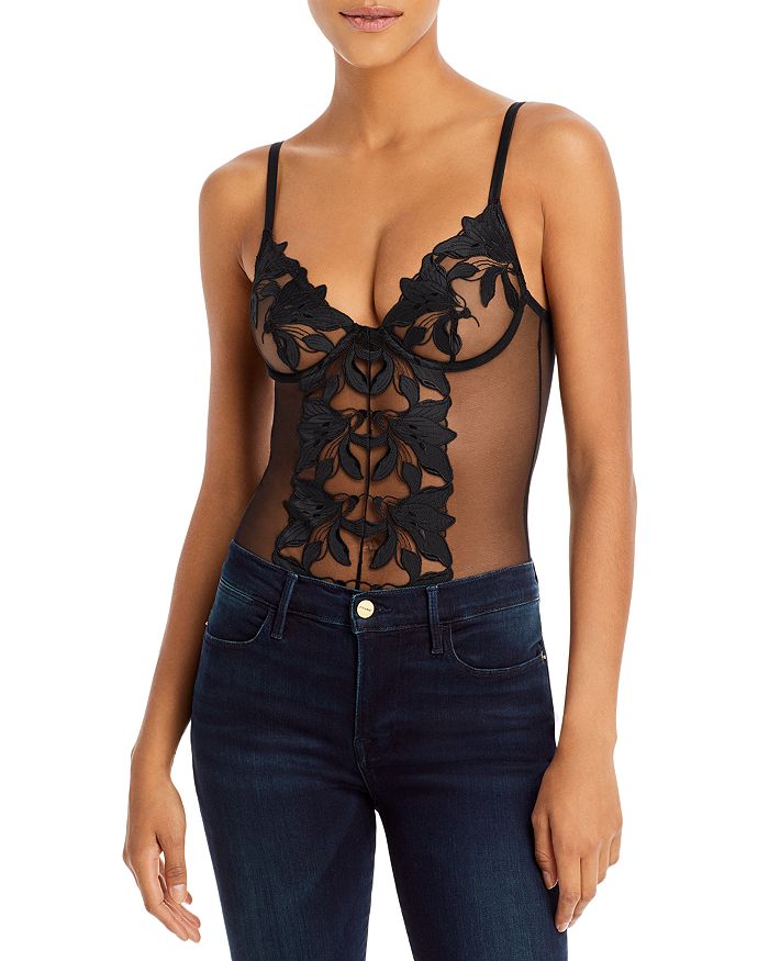 Fleur du Mal Satin Lily Embroidery Cupped Bodysuit