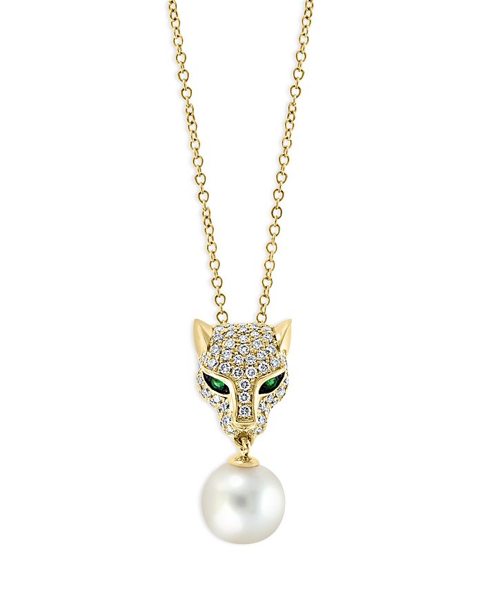 Bloomingdale's - Cultured Freshwater Pearl, Diamond, & Emerald Panther Head Pendant Necklace in 14K Yellow Gold, 16-18"- 100% Exclusive Brand Name
