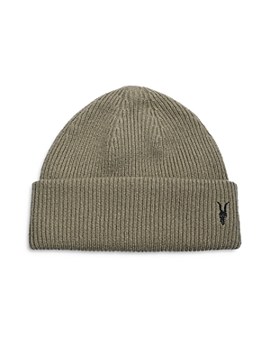 Allsaints Wool Ramskull Embroidered Beanie In Dusty Olive
