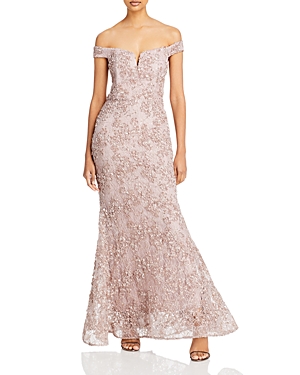 AQUA OFF-THE-SHOULDER EMBELLISHED LACE GOWN - EXCLUSIVE