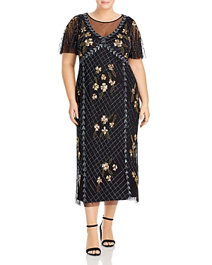 Adrianna Papell Plus Flutter Sleeve Beaded Dress In Black/gold