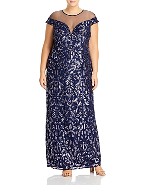 Adrianna Papell Plus Sequined Illusion Gown In Navy Night