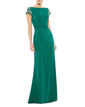 Mac Duggal Bateau-neck Embellished Cap-sleeve Gown In Emerald