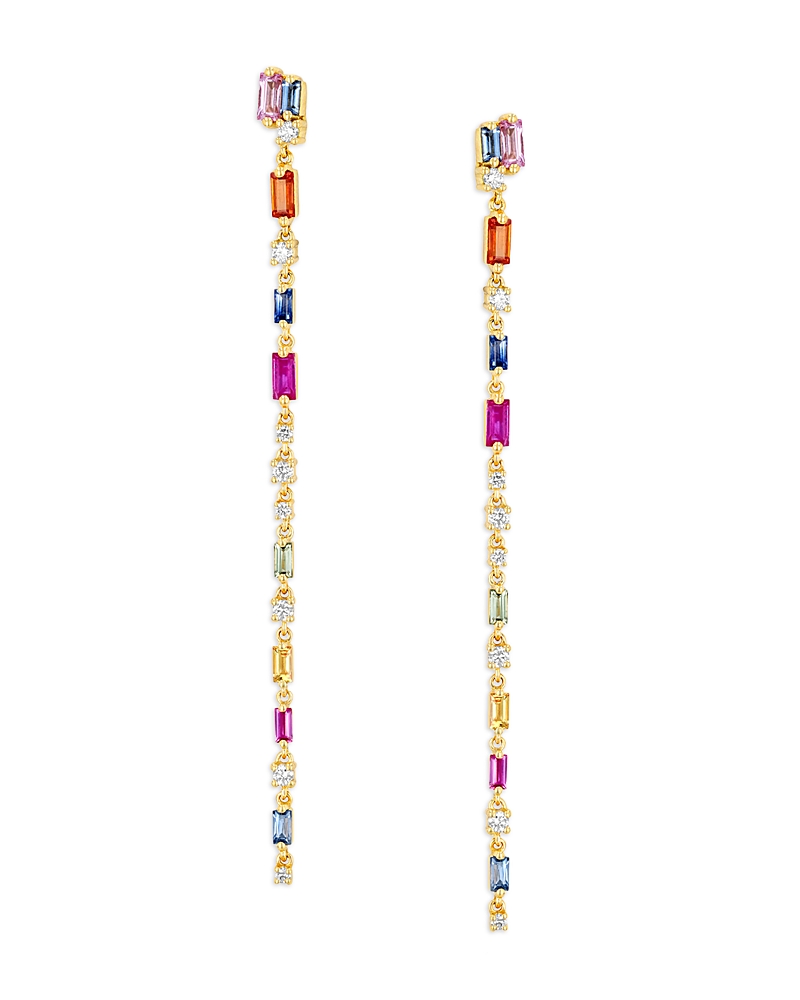Suzanne Kalan 18k Yellow Gold Fireworks Rainbow Sapphire & Diamond Linear Drop Earrings In Multi