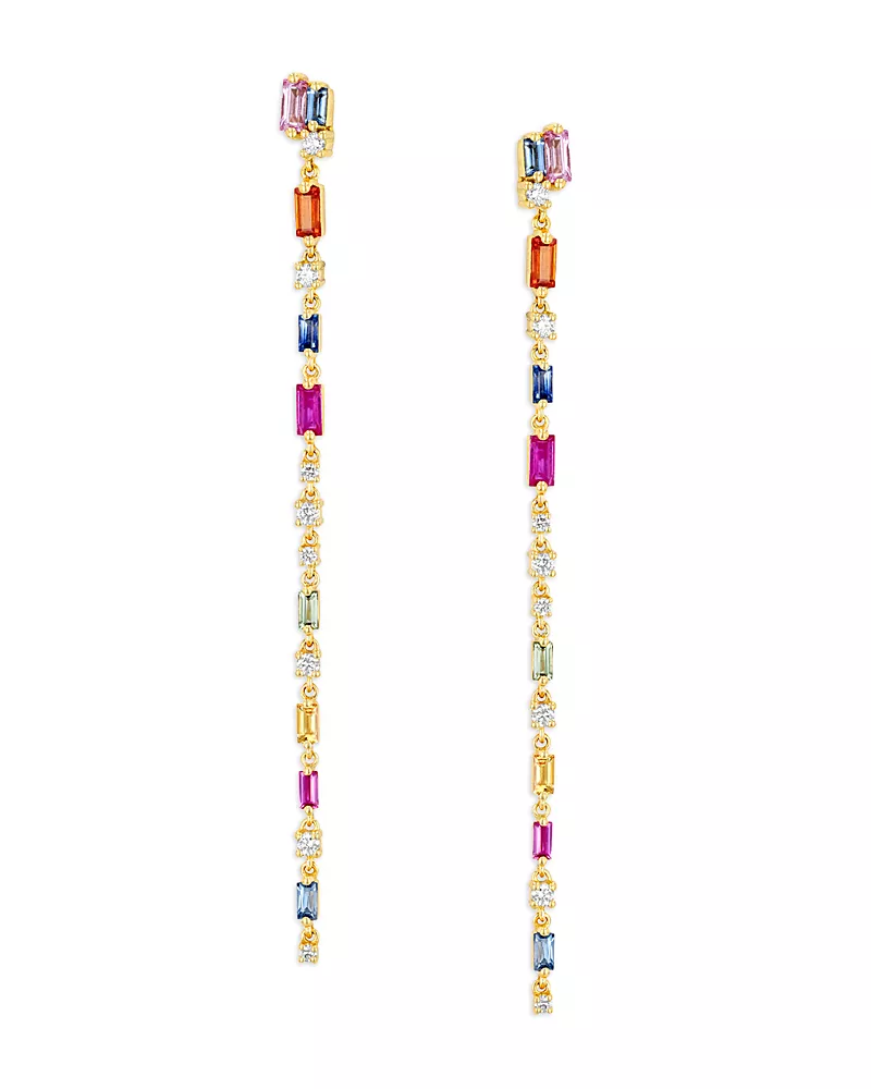 Suzanne Kalan 18K Yellow Gold Fireworks Rainbow Sapphire & Diamond Linear Drop Earrings