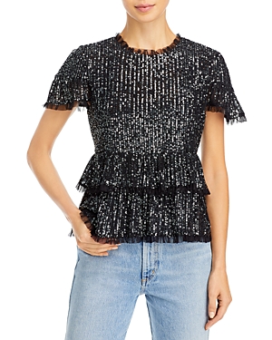 Endless Rose Sequins Baby Doll Top With Mesh In Black