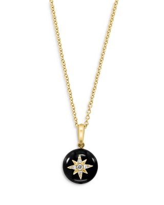 Onyx & Diamond Starburst Disc Pendant Necklace in 14K Yellow Gold, 16-18" 