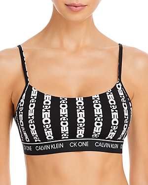 Calvin Klein Womens One Logo Stripe Black Ck One Logo-print Cotton-blend Bralette M In One Logo Stripe Black