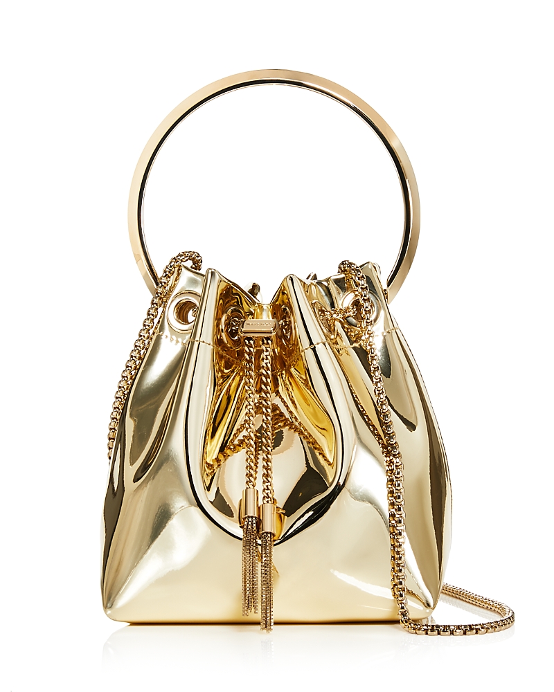 Jimmy Choo Shiny Mirror-effect Bon Bon Bag With Chain Drawstring And Metal Handle In Gold