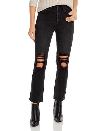 Pistola - Keaton Distressed High Rise Straight Leg Jeans in Charcoal