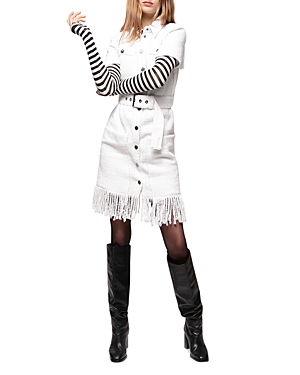 Shop Pinko Dawson Abito Tweed Boucle Fringe Dress In Bianco