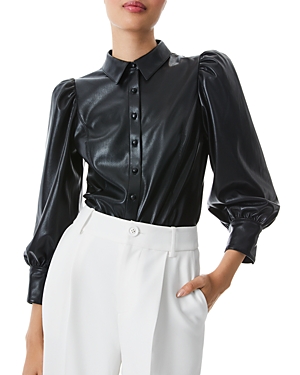Shop Alice And Olivia Nadine Puff Sleeve Faux Leather Blouse In Black