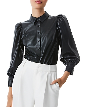 ALICE AND OLIVIA ALICE AND OLIVIA NADINE PUFF SLEEVE FAUX LEATHER BLOUSE