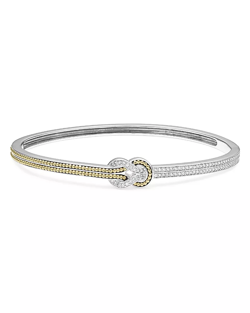 Lagos 18K Yellow Gold & Sterling Silver Newport Diamond Knot Hinged Bangle Bracelet