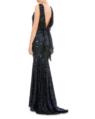 Cowl Back Boat Neck Sequined Evening Gown  