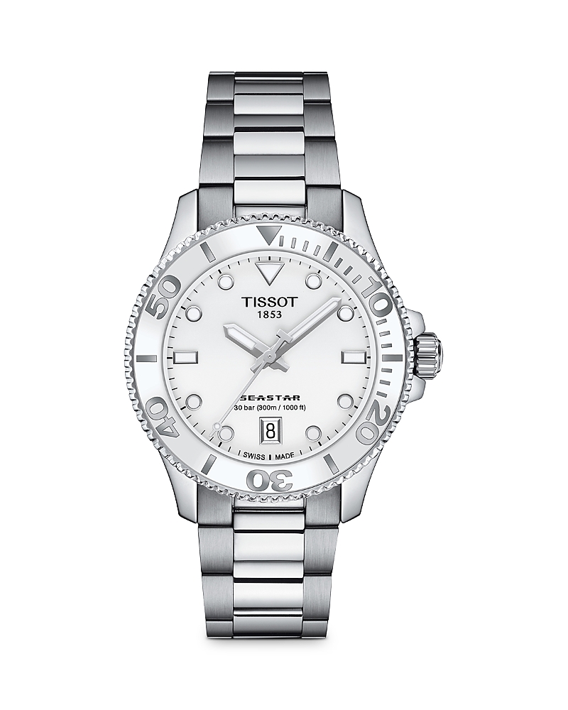 Tissot Unisex Seastar Silver-tone Stainless Steel Bracelet Watch 36mm In White/silver