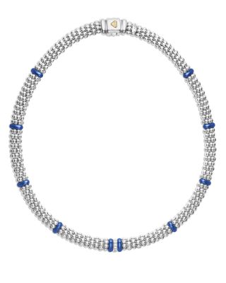 18K Yellow Gold & Sterling Silver Diamond & Blue Ceramic Rondelle & Bead Statement Necklace, 16"