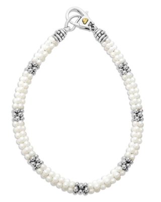 Lagos 18K Yellow Gold & Sterling Silver White Ceramic Caviar Bead Statement Bracelet