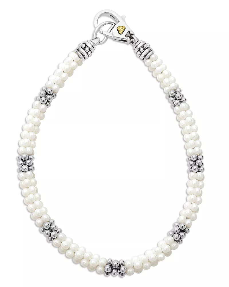 Lagos 18K Yellow Gold & Sterling Silver White Ceramic Caviar Bead Statement Bracelet