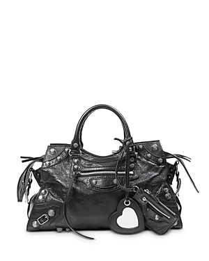Balenciaga Neo Cagole City Small Studded Crinkled-leather Tote In Noir