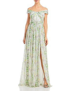 Shop Adrianna Papell Off-the-shoulder Chiffon Gown In Mint Multi