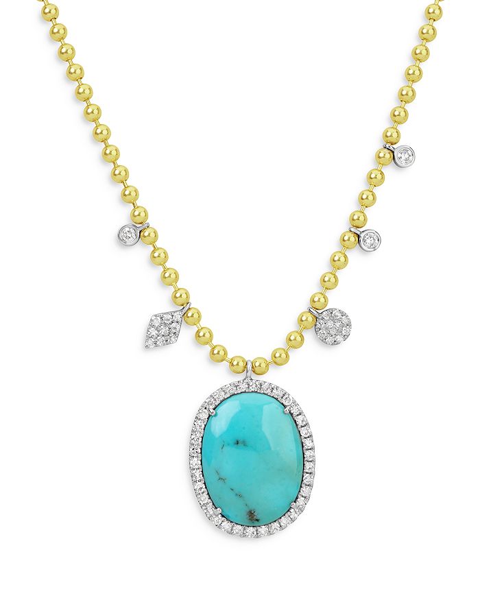 14K White Yellow Gold Turquoise Diamond Pendant Necklace 18