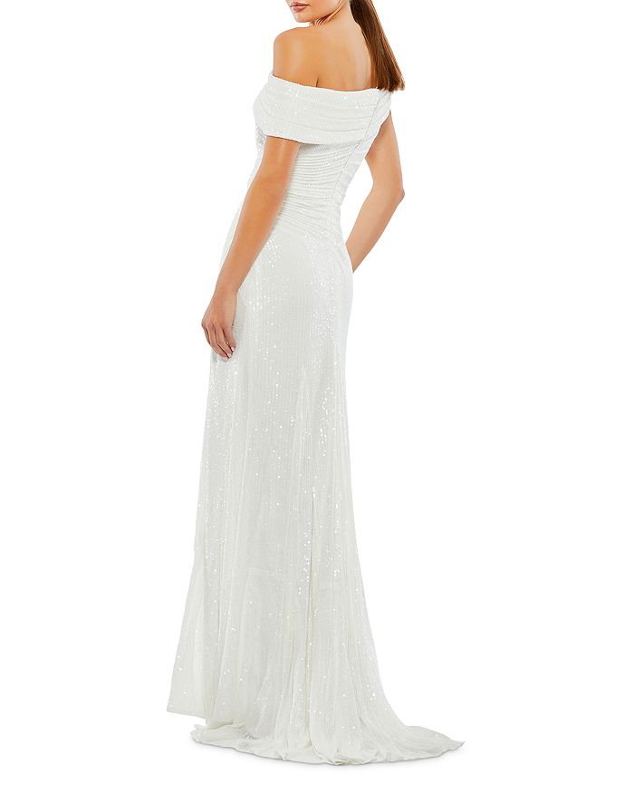 Shop Mac Duggal Off-the-shoulder Beaded Side Shirred Gown In White