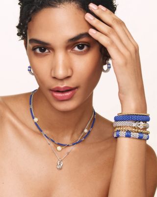 18K Yellow Gold & Sterling Silver Ultramarine Ceramic Rondelle & Caviar Bead Statement Bracelet