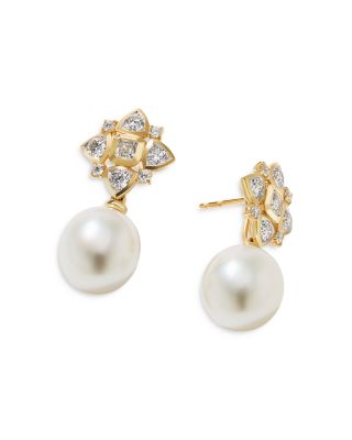 18K Yellow Gold Renaissance Cultured South Sea Pearl & Diamond Flower Drop Earrings